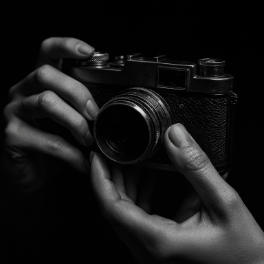 Das Klicken der Kamera – Beginn einer Entdeckung Schwarz-Weiß-Fotografie von Händen, die eine alte Kamera halten – Symbol für Wahrnehmung und Geheimnis.